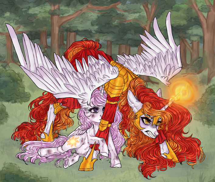 Size: 2858x2425 | Tagged: safe, derpibooru import, princess celestia, oc, oc:king phoenix, alicorn, pony, alicorn oc, armor, cewestia, clothes, fear, female, filly, filly celestia, fireball, foal, forest, guard, horn, image, magic, pink-mane celestia, png, protecting, sad, tree, wings, younger