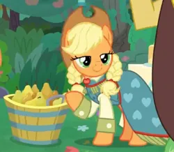 Size: 560x488 | Tagged: safe, derpibooru import, screencap, applejack, discord, earth pony, pony, the big mac question, alternate hairstyle, basket, bedroom eyes, braid, bush, clothes, cropped, dress, food, gown, happy, image, jpeg, marriage, pear, smiling, sweet apple acres, table, tree, wedding