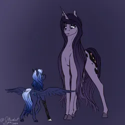 Size: 4000x4000 | Tagged: safe, artist:stardustspix, derpibooru import, oc, oc:andromeda arcanum, oc:kyanite arc, unofficial characters only, pegasus, pony, unicorn, absurd resolution, amputee, blue mane, duo, eyeshadow, female, gradient mane, horn, image, larger female, lidded eyes, makeup, male, mare, png, prosthetic leg, prosthetic limb, prosthetics, purple mane, size difference, smaller male, spread wings, stallion, tall, wings