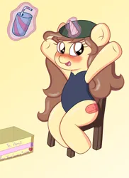 Size: 2550x3509 | Tagged: safe, artist:sparkfler85, derpibooru import, oc, oc:hymyt, unofficial characters only, pony, unicorn, arms in the air, blushing, box, chair, clothes, drink, female, happy, hat, image, magic, mare, png, present, simple background, sitting, solo, swimsuit, telekinesis