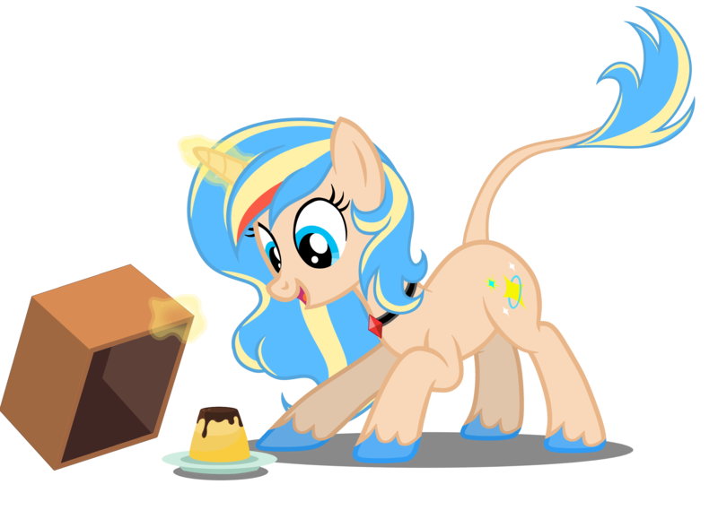 Size: 4403x3130 | Tagged: safe, artist:equestria secret guard, derpibooru import, oc, oc:myriadstar, oc:米蕾塔, unofficial characters only, pony, unicorn, female, food, gemstones, happy, horn, image, jewelry, magic, mare, necklace, png, pudding, simple background, solo, telekinesis, transparent background, unicorn oc