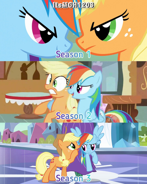 Size: 2458x3072 | Tagged: safe, derpibooru import, edit, edited screencap, editor:itsmgh1203, screencap, applejack, rainbow dash, earth pony, pegasus, pony, fall weather friends, season 1, season 2, season 3, the crystal empire, the mysterious mare do well, appledash, applejack's hat, cowboy hat, crystal empire, duo, duo female, female, flying, hat, hub logo, image, jpeg, lesbian, logo, mare, open mouth, open smile, shipping, smiling, smirk, spread wings, sugarcube corner, text, the hub, wings