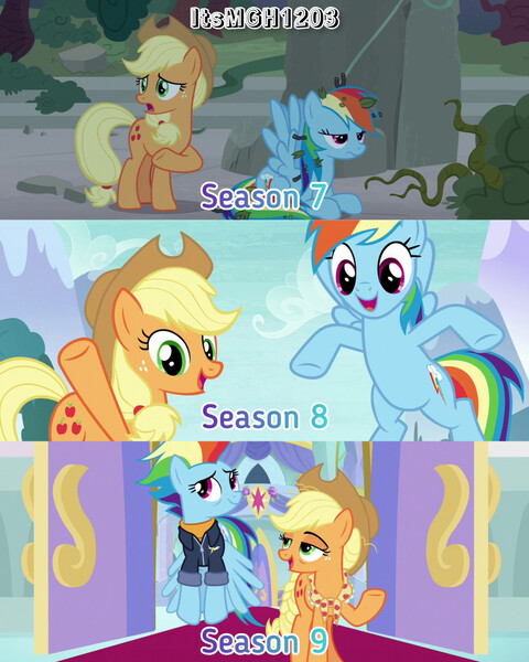 Size: 2458x3072 | Tagged: safe, derpibooru import, edit, edited screencap, editor:itsmgh1203, screencap, applejack, rainbow dash, earth pony, pegasus, pony, non-compete clause, season 7, season 8, season 9, shadow play, the last problem, spoiler:s08, spoiler:s09, appledash, applejack's hat, cowboy hat, duo, duo female, female, flying, hat, image, jpeg, lesbian, mare, older, older applejack, older rainbow dash, open mouth, open smile, shipping, smiling, spread wings, text, wings