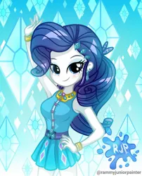 Size: 1080x1335 | Tagged: safe, artist:rjp.rammy, derpibooru import, rarity, human, equestria girls, equestria girls series, armpits, bare shoulders, bracelet, breasts, busty rarity, clothes, cutie mark, cutie mark on clothes, female, hairpin, hand on hip, image, jewelry, jpeg, looking at you, ponytail, rarity peplum dress, reasonably sized breasts, signature, sleeveless, smiling, smiling at you, solo