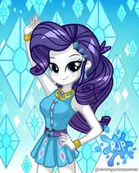 Size: 1080x1335 | Tagged: safe, alternate version, artist:rjp.rammy, derpibooru import, rarity, human, equestria girls, equestria girls series, armpits, bare shoulders, bracelet, breasts, busty rarity, clothes, cutie mark, cutie mark on clothes, female, hairpin, hand on hip, image, jewelry, jpeg, looking at you, ponytail, rarity peplum dress, reasonably sized breasts, signature, sleeveless, smiling, smiling at you, solo