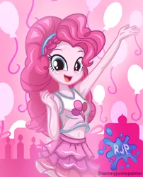 Size: 2015x2490 | Tagged: safe, alternate version, artist:rjp.rammy, derpibooru import, pinkie pie, human, equestria girls, equestria girls series, armpits, bare shoulders, belly button, blushing, breasts, busty pinkie pie, clothes, cute, cutie mark, cutie mark on clothes, diapinkes, female, image, looking at you, open mouth, open smile, png, reasonably sized breasts, signature, sleeveless, smiling, smiling at you, solo, tanktop