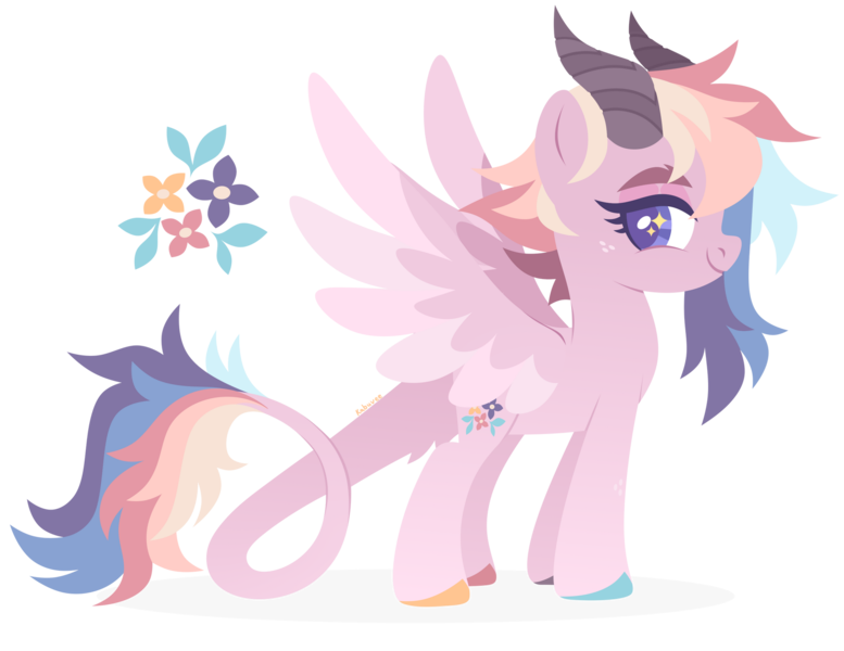 Size: 1920x1482 | Tagged: safe, artist:kabuvee, derpibooru import, oc, oc:rainbow bloom, pegasus, pony, female, horns, image, mare, png, quadrupedal, simple background, solo, tail wings, transparent background