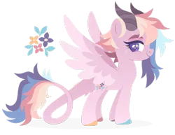 Size: 1920x1482 | Tagged: safe, artist:kabuvee, derpibooru import, oc, oc:rainbow bloom, pegasus, pony, female, horns, image, mare, png, quadrupedal, simple background, solo, tail wings, transparent background