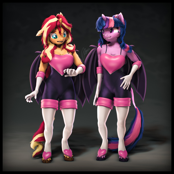 Size: 6400x6400 | Tagged: safe, artist:imafutureguitarhero, derpibooru import, sci-twi, sunset shimmer, twilight sparkle, twilight sparkle (alicorn), alicorn, anthro, bat pony, bat pony alicorn, classical unicorn, pony, unguligrade anthro, unicorn, 3d, alicornified, arm fluff, arm freckles, bat wings, boob freckles, boots, border, bra, bra strap, breasts, cheek fluff, chest fluff, chest freckles, chromatic aberration, cleavage fluff, clothes, cloven hooves, colored eyebrows, colored eyelashes, cosplay, costume, crossover, cute, duo, ear fluff, ear freckles, fangs, female, film grain, floppy ears, fluffy, fluffy hair, fluffy mane, fluffy tail, freckles, fur, gloves, grin, hand on hip, horn, image, jpeg, leonine tail, lesbian, looking at someone, mare, matching outfits, multicolored hair, multicolored mane, multicolored tail, neck fluff, nose wrinkle, one ear down, open mouth, outfit, paintover, peppered bacon, race swap, revamped anthros, revamped ponies, rouge the bat, scitwilicorn, scitwishimmer, shadow, shimmerbetes, shipping, shoes, shoulder fluff, shoulder freckles, signature, smiling, socks, sonic the hedgehog (series), source filmmaker, square, stockings, sunsetsparkle, tail, tail fluff, thigh highs, twiabetes, underwear, unshorn fetlocks, varying degrees of amusement, wall of tags, wings