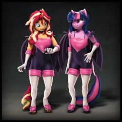 Size: 6400x6400 | Tagged: safe, artist:imafutureguitarhero, derpibooru import, sci-twi, sunset shimmer, twilight sparkle, twilight sparkle (alicorn), alicorn, anthro, bat pony, bat pony alicorn, classical unicorn, pony, unguligrade anthro, unicorn, 3d, alicornified, arm fluff, arm freckles, bat wings, boob freckles, boots, border, bra, bra strap, breasts, cheek fluff, chest fluff, chest freckles, chromatic aberration, cleavage fluff, clothes, cloven hooves, colored eyebrows, colored eyelashes, cosplay, costume, crossover, cute, duo, ear fluff, ear freckles, fangs, female, film grain, floppy ears, fluffy, fluffy hair, fluffy mane, fluffy tail, freckles, fur, gloves, grin, hand on hip, horn, image, jpeg, leonine tail, lesbian, looking at someone, mare, matching outfits, multicolored hair, multicolored mane, multicolored tail, neck fluff, nose wrinkle, one ear down, open mouth, outfit, paintover, peppered bacon, race swap, revamped anthros, revamped ponies, rouge the bat, scitwilicorn, scitwishimmer, shadow, shimmerbetes, shipping, shoes, shoulder fluff, shoulder freckles, signature, smiling, socks, sonic the hedgehog (series), source filmmaker, square, stockings, sunsetsparkle, tail, tail fluff, thigh highs, twiabetes, underwear, unshorn fetlocks, varying degrees of amusement, wall of tags, wings