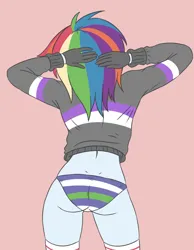 Size: 2153x2775 | Tagged: suggestive, artist:sumin6301, derpibooru import, rainbow dash, equestria girls, away from viewer, butt, clothes, female, image, jacket, jpeg, presenting, rainbutt dash, simple background, solo, solo female