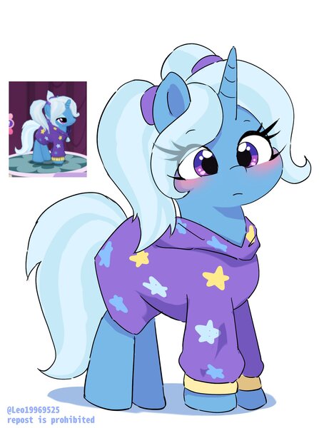 Size: 1673x2143 | Tagged: safe, artist:leo19969525, derpibooru import, trixie, pony, unicorn, alternate hairstyle, babysitter trixie, blushing, clothes, ears, female, hair, hoodie, horn, image, jpeg, mane, mare, purple eyes, simple background, solo, stars, tail