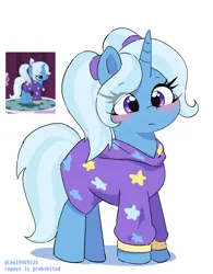 Size: 1673x2143 | Tagged: safe, artist:leo19969525, derpibooru import, trixie, pony, unicorn, alternate hairstyle, babysitter trixie, blushing, clothes, ears, female, hair, hoodie, horn, image, jpeg, mane, mare, purple eyes, simple background, solo, stars, tail