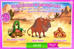 Size: 1961x1300 | Tagged: safe, derpibooru import, official, angus mcsteer, bull, advertisement, apple, bandana, bush, cloven hooves, costs real money, english, food, gameloft, horns, image, jpeg, male, mobile game, my little pony: magic princess, numbers, sale, solo, solo focus, text