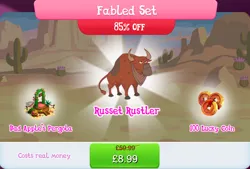 Size: 1267x857 | Tagged: safe, derpibooru import, official, angus mcsteer, bull, apple, bandana, bundle, bush, cloven hooves, costs real money, english, food, gameloft, horns, image, jpeg, male, mobile game, my little pony: magic princess, numbers, sale, solo, solo focus, text