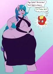 Size: 1200x1680 | Tagged: suggestive, artist:thewindking, derpibooru import, izzy moonbow, sprout cloverleaf, anthro, earth pony, unicorn, g5, belly, big belly, big breasts, blood, breasts, butt, chubby, clothes, hand on hip, heart, heart eyes, huge butt, hyper, hyper butt, image, impossibly large butt, izzy moonbutt, large butt, nosebleed, png, simple background, strap dress, the ass was fat, wide hips, wingding eyes