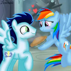 Size: 1400x1400 | Tagged: safe, artist:mlplary6, derpibooru import, rainbow dash, soarin', pegasus, pony, blushing, female, flying, food, heart, image, looking at each other, looking at someone, love, male, mare, pie, png, shipping, smiling, smiling at each other, soarindash, stallion, straight