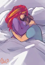 Size: 1400x2000 | Tagged: safe, artist:sozglitch, derpibooru import, sunset shimmer, oc, oc:generic messy hair anime anon, human, bed, big breasts, breasts, busty sunset shimmer, canon x oc, clothes, cuddling, female, huge breasts, humanized, image, jpeg, male, on bed, overhead view, pajamas, pillow, sheet, shipping, signature, sleeping, straight