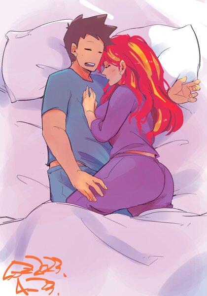 Size: 1400x2000 | Tagged: safe, artist:sozglitch, derpibooru import, sunset shimmer, oc, oc:generic messy hair anime anon, human, ass, bed, big breasts, breasts, bunset shimmer, busty sunset shimmer, butt, canon x oc, clothes, cuddling, female, huge breasts, humanized, image, jpeg, lying down, male, on bed, overhead view, pajamas, pillow, sheet, shipping, signature, sleeping, straight