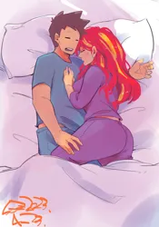 Size: 1400x2000 | Tagged: safe, artist:sozglitch, derpibooru import, sunset shimmer, oc, oc:generic messy hair anime anon, human, ass, bed, big breasts, breasts, bunset shimmer, busty sunset shimmer, butt, canon x oc, clothes, cuddling, female, huge breasts, humanized, image, jpeg, lying down, male, on bed, overhead view, pajamas, pillow, sheet, shipping, signature, sleeping, straight