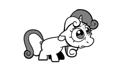 Size: 1276x718 | Tagged: safe, artist:kylesmeallie, derpibooru import, sweetie belle, pony, unicorn, black and white, blank flank, female, filly, floppy ears, foal, frown, grayscale, image, monochrome, png, sad, simple background, solo, white background