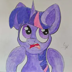 Size: 1542x1527 | Tagged: safe, artist:engi, derpibooru import, twilight sparkle, pony, unicorn, female, image, jpeg, open mouth, simple background, solo, traditional art, watercolor painting