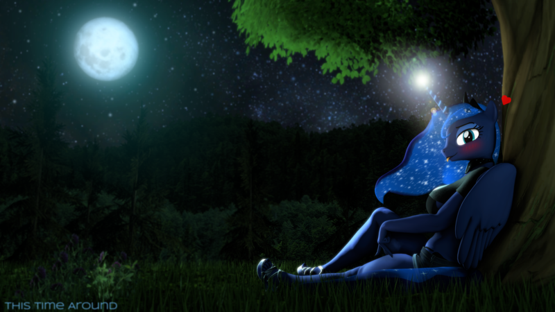 Size: 3840x2160 | Tagged: safe, artist:dawnyr, artist:dawnyrs, derpibooru import, princess luna, alicorn, anthro, 3d, blushing, cute, forest, image, moon, moonlight, nexgen, night, png, solo, source filmmaker, stars, stupid sexy princess luna, tongue out, tree