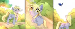 Size: 1280x509 | Tagged: safe, artist:kidaoriginal, derpibooru import, derpy hooves, princess luna, alicorn, pegasus, pony, comic:derpy - the creator of dreams, comic, cute, daaaaaaaaaaaw, derp, eyes closed, flower, flying, grass, happy, image, jpeg, looking up, music notes, smiling, tree, walking