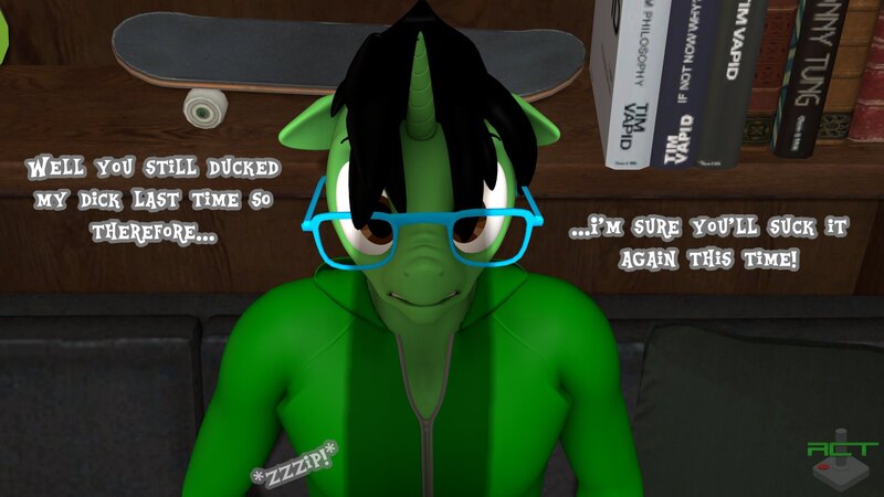 Size: 1920x1080 | Tagged: questionable, artist:ray cyber tech, derpibooru import, oc, oc:ray cyber tech, oc:sound shock, anthro, plantigrade anthro, unicorn, 3d, book, bookshelf, clothes, dialogue, glasses, hoodie, horn, image, jpeg, male, phallic shadow, raised eyebrows, scared, shadow, skateboard, source filmmaker, wide eyes