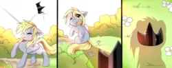 Size: 1280x509 | Tagged: safe, artist:kidaoriginal, derpibooru import, derpy hooves, pegasus, pony, comic:derpy - the creator of dreams, comic, crown, crying, flower, grass, hitting, image, jewelry, jpeg, regalia, shadow, sitting, smack, tears of pain, teary eyes