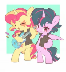 Size: 1868x2048 | Tagged: safe, artist:cheesesauce_45, derpibooru import, sunset shimmer, twilight sparkle, twilight sparkle (alicorn), alicorn, semi-anthro, unicorn, alternate hairstyle, clothes, cute, dexterous hooves, duo, electric guitar, eyes closed, face paint, guitar, hoof hold, hoof on hip, image, jacket, jpeg, leather, leather jacket, looking at you, musical instrument, open mouth, open smile, punklight sparkle, shimmerbetes, smiling, smiling at you, twiabetes