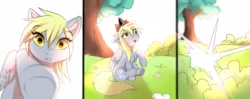 Size: 1280x509 | Tagged: safe, artist:kidaoriginal, derpibooru import, derpy hooves, pegasus, pony, comic:derpy - the creator of dreams, comic, crown, flower, grass, happy, image, jewelry, jpeg, looking at something, looking down, magic, open mouth, open smile, reaching, regalia, sitting, smiling, teleportation, tree, underhoof, vibe check