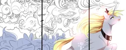 Size: 1280x509 | Tagged: safe, artist:kidaoriginal, derpibooru import, derpy hooves, alicorn, pony, comic:derpy - the creator of dreams, abstract, abstract art, clothes, comic, crown, image, jewelry, jpeg, lidded eyes, magic, modern art, necklace, open mouth, open smile, race swap, regalia, running, smiling