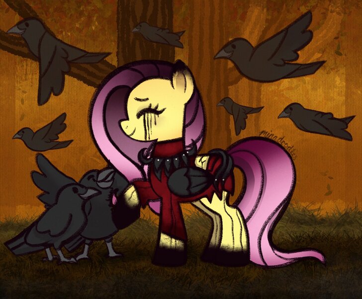 Size: 2048x1687 | Tagged: safe, artist:minadoodles, derpibooru import, fluttershy, bird, crow, crossover, dead by daylight, image, jpeg, solo, the artist