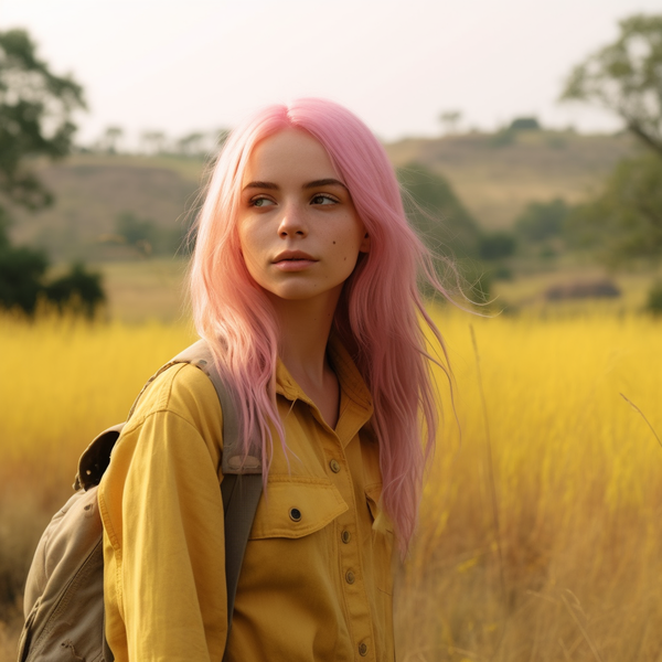 Size: 1024x1024 | Tagged: safe, derpibooru import, machine learning generated, midjourney, fluttershy, human, backpack, field, gazing, high res, humanized, image, lonely, looking away, photo, png, prompter:roseabrams, solo