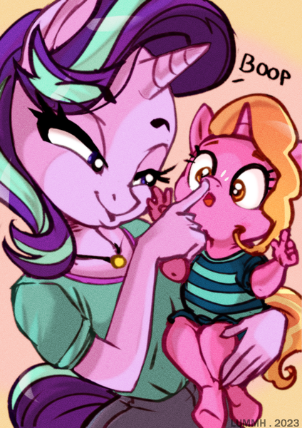Size: 1644x2325 | Tagged: safe, artist:lummh, derpibooru import, luster dawn, starlight glimmer, anthro, unguligrade anthro, unicorn, :o, baby, boop, duo, duo female, female, image, lidded eyes, mother and child, mother and daughter, offspring, open mouth, parent:starlight glimmer, parent:sunburst, parents:starburst, png, younger