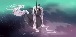 Size: 1280x630 | Tagged: safe, artist:kidaoriginal, derpibooru import, princess luna, alicorn, firefly (insect), insect, pony, alternate design, cute, female, freckles, image, jpeg, lidded eyes, looking at something, looking up, lunabetes, mare, solo, water, wet, wet mane