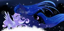Size: 1280x627 | Tagged: safe, artist:kidaoriginal, derpibooru import, princess luna, oc, oc:snowdrop, alicorn, pegasus, pony, crying, duo, duo female, ethereal mane, eyes closed, eyeshadow, female, image, jpeg, lidded eyes, looking at each other, looking at someone, makeup, mare, simple background, smiling, snow, snowflake, spread wings, starry mane, wings