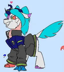 Size: 563x631 | Tagged: safe, ponified, cyborg, cyborg pony, kirin, pony, clothes, cyan mane, cyan tail, cyberpunk 2077 edgerunners, cyberpunk: edgerunners, evil grin, female, frowned eyebrows, grin, image, jacket, kirinified, mare, pigtails, pixel art, pixelplanet.fun, png, rebecca (cyberpunk: edgerunners), simple background, smiling, solo, species swap, straight tail, tail, twintails, white coat