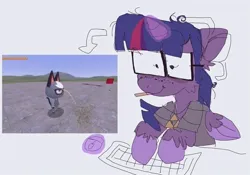 Size: 680x476 | Tagged: safe, artist:woofsth, derpibooru import, twilight sparkle, twilight sparkle (alicorn), alicorn, pony, animal crossing, clothes, computer mouse, glasses, image, jpeg, keyboard, raymond (animal crossing), shirt, t-shirt, triforce