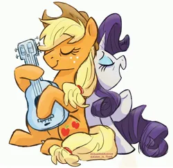 Size: 3893x3780 | Tagged: safe, artist:aiden_is_tired, artist:virtualkidavenue, derpibooru import, applejack, rarity, earth pony, pony, unicorn, cowboy hat, duo, eyes closed, female, guitar, hat, hoof hold, image, jpeg, lesbian, mare, musical instrument, playing guitar, rarijack, shipping, simple background, singing, white background