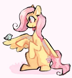 Size: 1383x1500 | Tagged: safe, artist:sealdeer, derpibooru import, fluttershy, bird, pegasus, pony, haunches, image, one wing out, png, simple background, wings