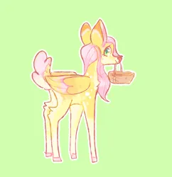 Size: 2048x2118 | Tagged: safe, artist:sealdeer, derpibooru import, part of a set, fluttershy, deer, deer pony, original species, peryton, basket, deerified, green background, image, mouth hold, png, simple background, solo, species swap