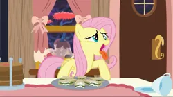 Size: 2159x1209 | Tagged: safe, derpibooru import, screencap, fluttershy, pegasus, pony, discordant harmony, cup, curtains, derp, door, female, folded wings, food, goofy, image, jpeg, mare, open mouth, plate spinning, sandwich, silly, silly face, silly pony, solo, table, teacup, tongue out, window, windowsill, wings