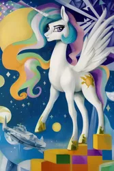 Size: 1280x1920 | Tagged: safe, derpibooru import, editor:dovakkins, machine learning generated, stable diffusion, princess celestia, alicorn, pony, constructivism, derpibooru exclusive, female, horn, image, lips, long mane, mare, missing accessory, png, poster parody, solo, soviet, space, spaceship, stars, tail, wavy mane, wavy tail, wings