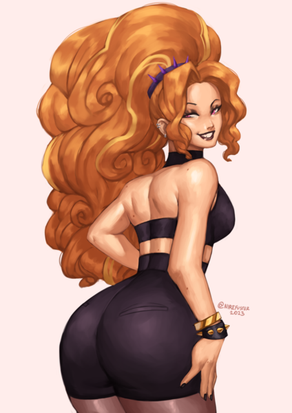 Size: 1754x2480 | Tagged: suggestive, artist:nire, derpibooru import, adagio dazzle, equestria girls, bracelet, breasts, butt, clothes, ear piercing, earring, eyeshadow, image, jewelry, lipstick, looking back, looking over shoulder, makeup, midriff, mole, nail polish, piercing, png, shorts, smiling, smirk, spiked headband, spiked wristband, wristband