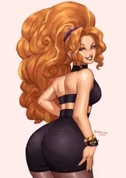 Size: 1754x2480 | Tagged: suggestive, artist:nire, derpibooru import, adagio dazzle, equestria girls, bracelet, breasts, butt, clothes, ear piercing, earring, eyeshadow, image, jewelry, lipstick, looking back, looking over shoulder, makeup, midriff, mole, nail polish, piercing, png, shorts, smiling, smirk, spiked headband, spiked wristband, wristband