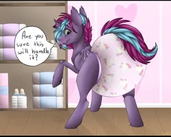 Size: 2500x2000 | Tagged: safe, artist:galaxylatte, derpibooru import, oc, bat pony, pegasus, pony, adult, blushing, clothes, dialogue, dialogue box, diaper, diaper fetish, diapered, embarrassed, embarrassed underwear exposure, fetish, folded wings, hooves, image, looking back, non-baby in diaper, pattern, pink, pink diaper, png, poofy diaper, raised hoof, shading, solo, spread legs, spreading, surprised, tail, underwear, wings