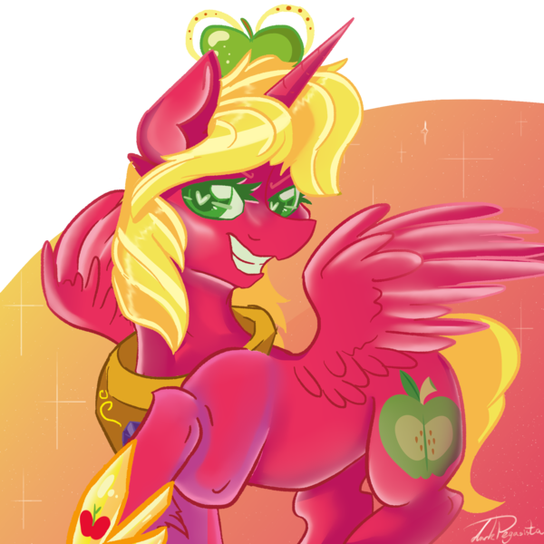 Size: 2000x2000 | Tagged: safe, artist:dankpegasista, derpibooru import, big macintosh, alicorn, pony, do princesses dream of magic sheep, alicornified, apple, bangs, big eyes, clothes, collar, crown, derpibooru exclusive, digital art, ear fluff, eyelashes, eyes closed, female, flowy mane, food, gem, gradient background, green eyes, grin, half body, happy, heart, heart eyes, highlights, image, jewelry, krita, large wings, looking at you, macareina, mare, messy mane, orange background, png, princess, princess big mac, race swap, raised hoof, red coat, regalia, rule 63, shading, shiny mane, shoes, short hair, short tail, signature, simple background, smiling, solo, sparkles, spread wings, standing on two hooves, tail, three quarter view, transparent background, unshorn fetlocks, wingding eyes, wings