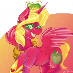 Size: 2000x2000 | Tagged: safe, artist:dankpegasista, derpibooru import, big macintosh, alicorn, pony, do princesses dream of magic sheep, alicornified, apple, bangs, big eyes, clothes, collar, crown, derpibooru exclusive, digital art, ear fluff, eyelashes, eyes closed, female, flowy mane, food, gem, gradient background, green eyes, grin, half body, happy, heart, heart eyes, highlights, image, jewelry, krita, large wings, looking at you, macareina, mare, messy mane, orange background, png, princess, princess big mac, race swap, raised hoof, red coat, regalia, rule 63, shading, shiny mane, shoes, short hair, short tail, signature, simple background, smiling, solo, sparkles, spread wings, standing on two hooves, tail, three quarter view, transparent background, unshorn fetlocks, wingding eyes, wings